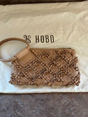 HOBO Tan Woven Leather sand dollar Wristlet with Round Handle